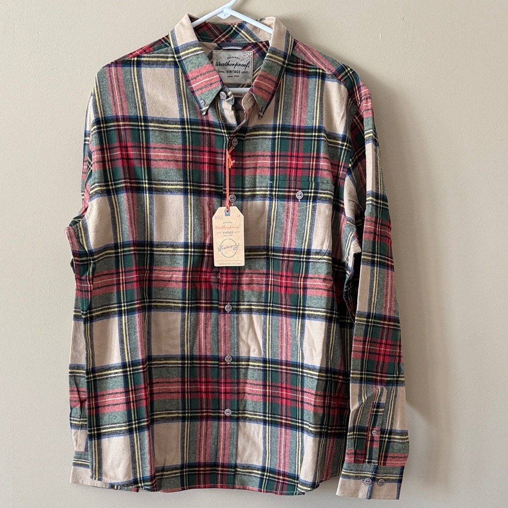 Men's Plaid Button-Down Shirt - Red, Green, Tan